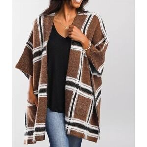 Buckle Black Eyelash Brown Plaid Open Front Poncho Oversized Sweater Cardigan
